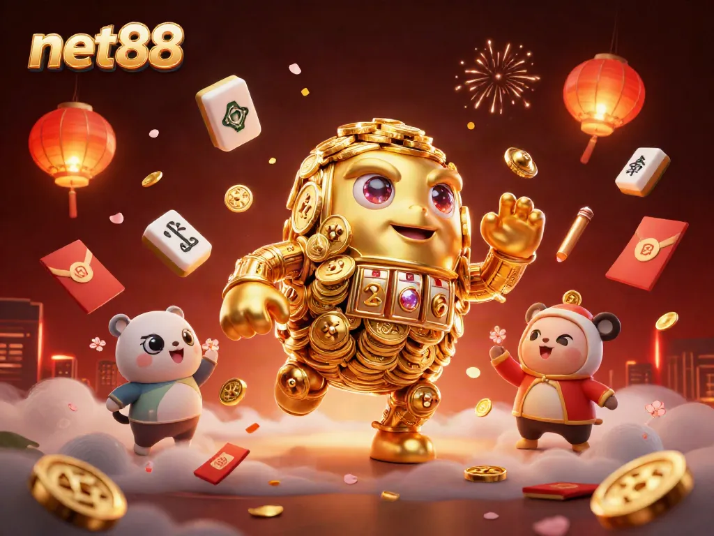 Engage with net88's thrilling golden golem in a vibrant casino scene bursting with energy and luck.