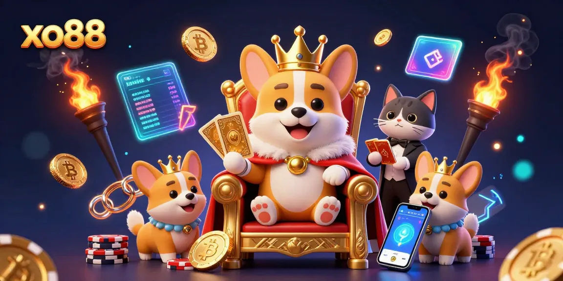 Win big at xo88 with a corgi on its poker chip throne, glowing crypto elements, and a cat butler.