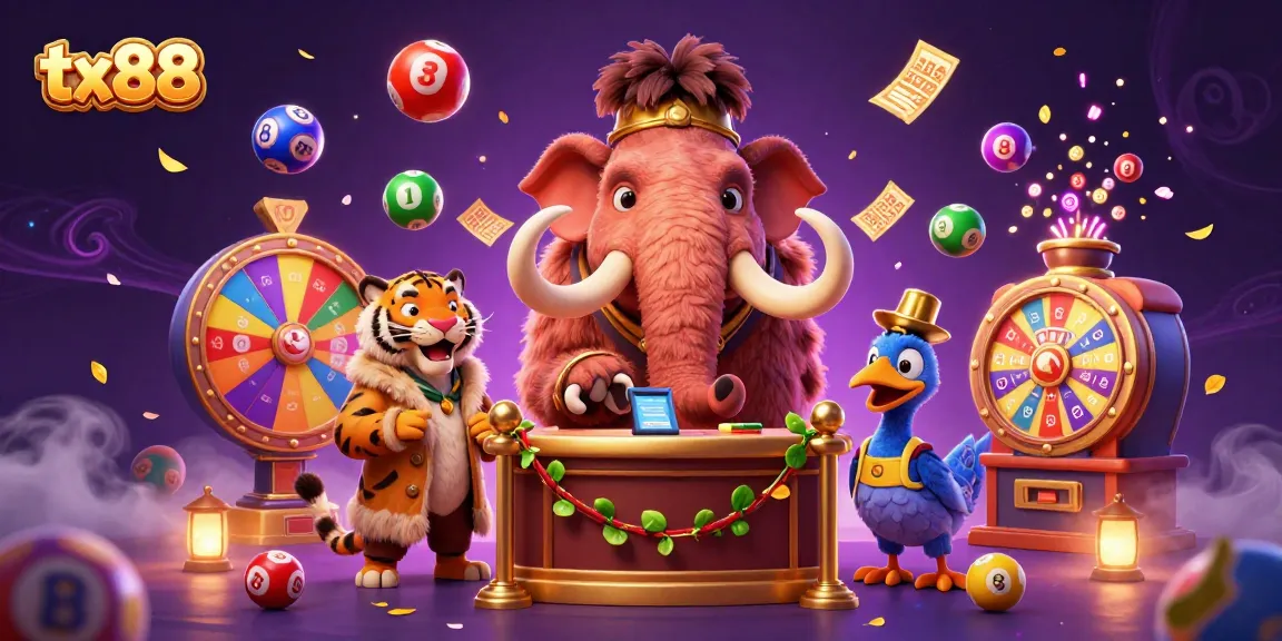 Engage with tx88's vibrant 3D casino scene featuring a woolly mammoth bouncer and lottery fun.