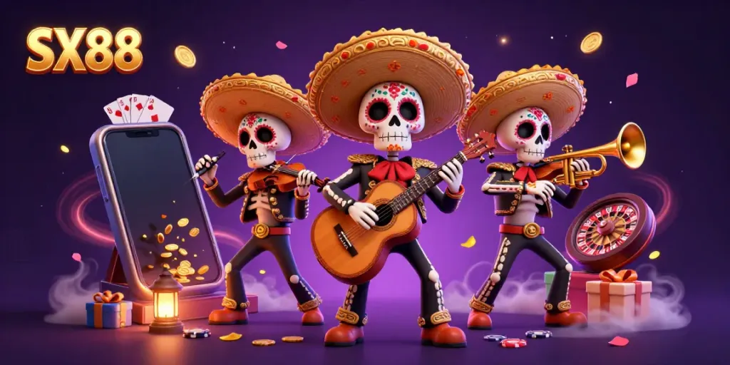 SX88 engaging illustrated scene with a mariachi band and colorful casino games
