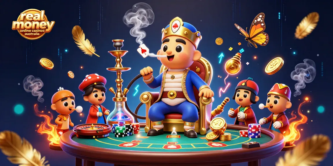 Playing poker at real money online casinos Australia with a lively caterpillar character surrounded by vibrant casino elements.