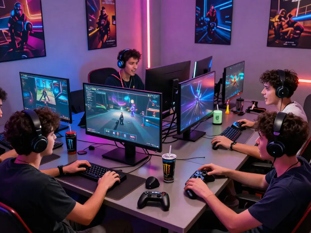 Friends gaming together at a vibrant gaming setup showcasing the excitement of https://manclub1.jp.net/