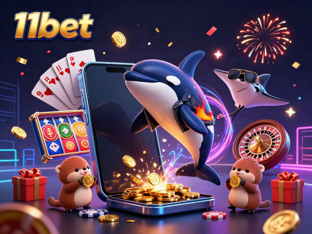 Experience exciting casino gaming with 11bet featuring a vibrant 3D scene of playful ocean creatures and gaming elements.
