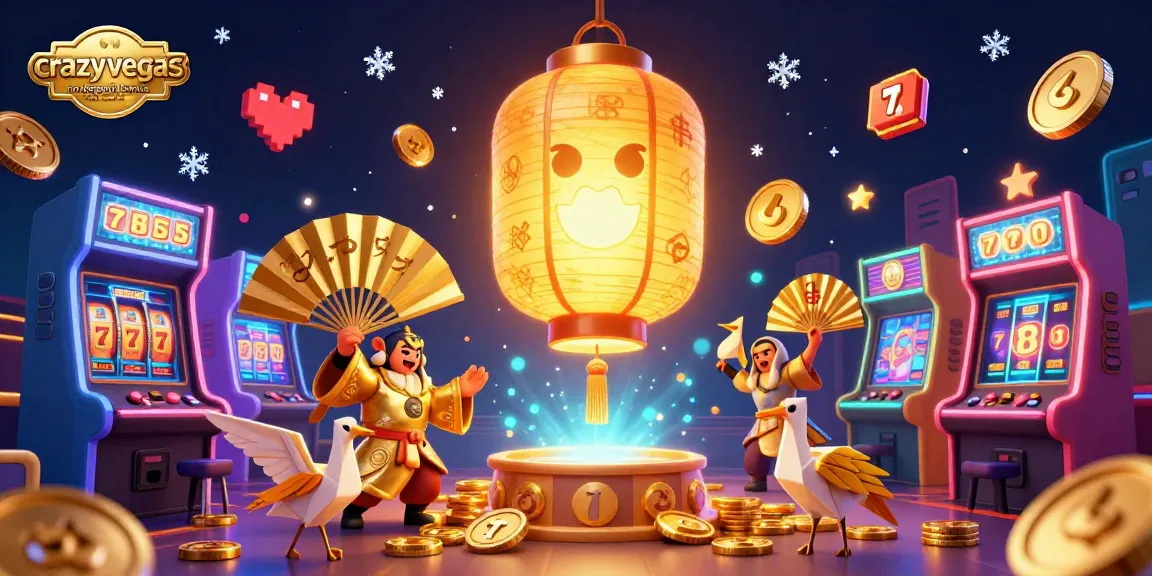 Win big with crazyvegas casino no deposit bonus as colorful arcade games and lucky symbols surround a golden lantern spirit.