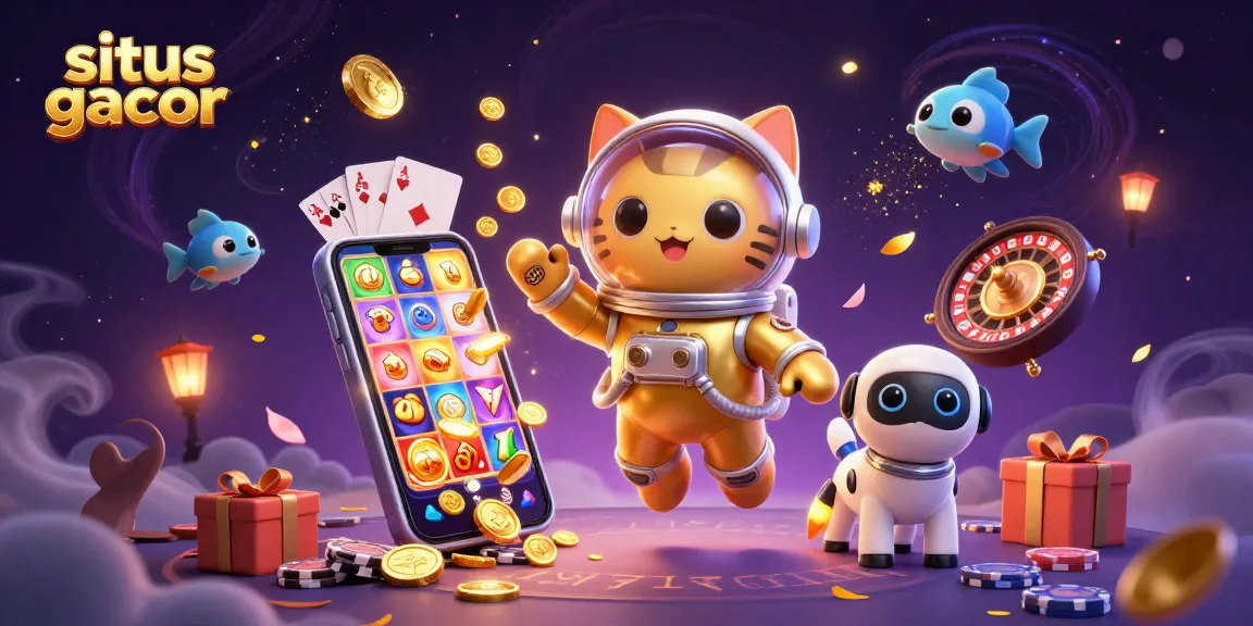 Engaging scene showcasing situs gacor with a floating astronaut cat, robot dog, and slot game elements.