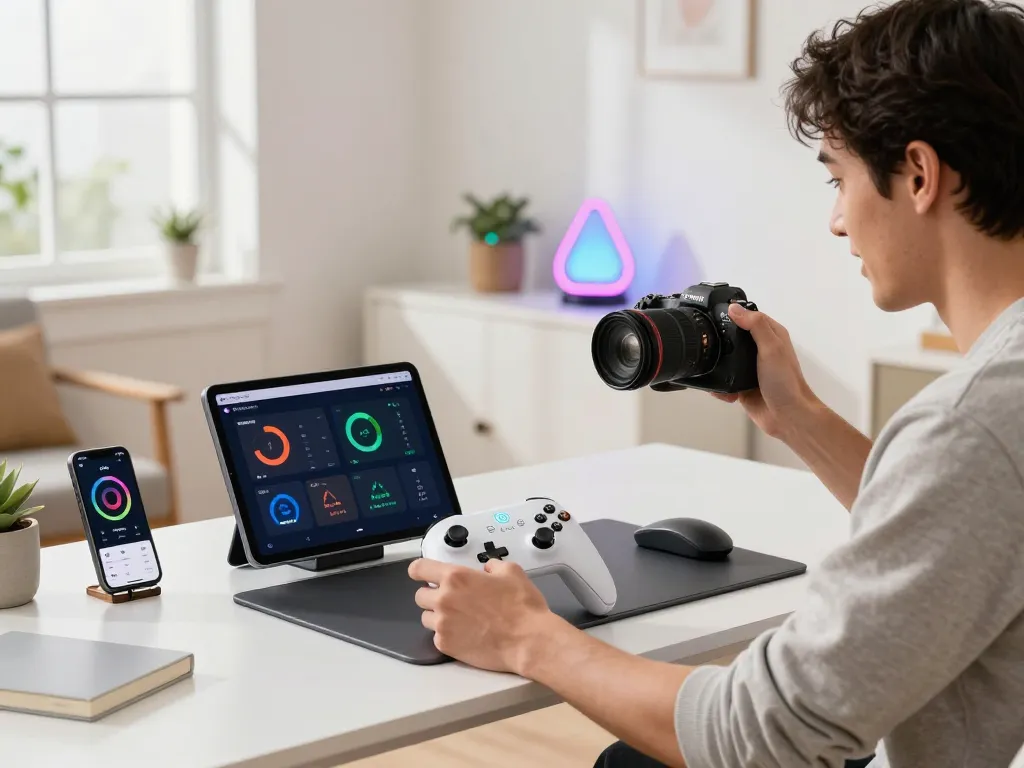 Latest tech gadgets 2042 showcased by tech enthusiast in a modern workspace featuring innovative devices.