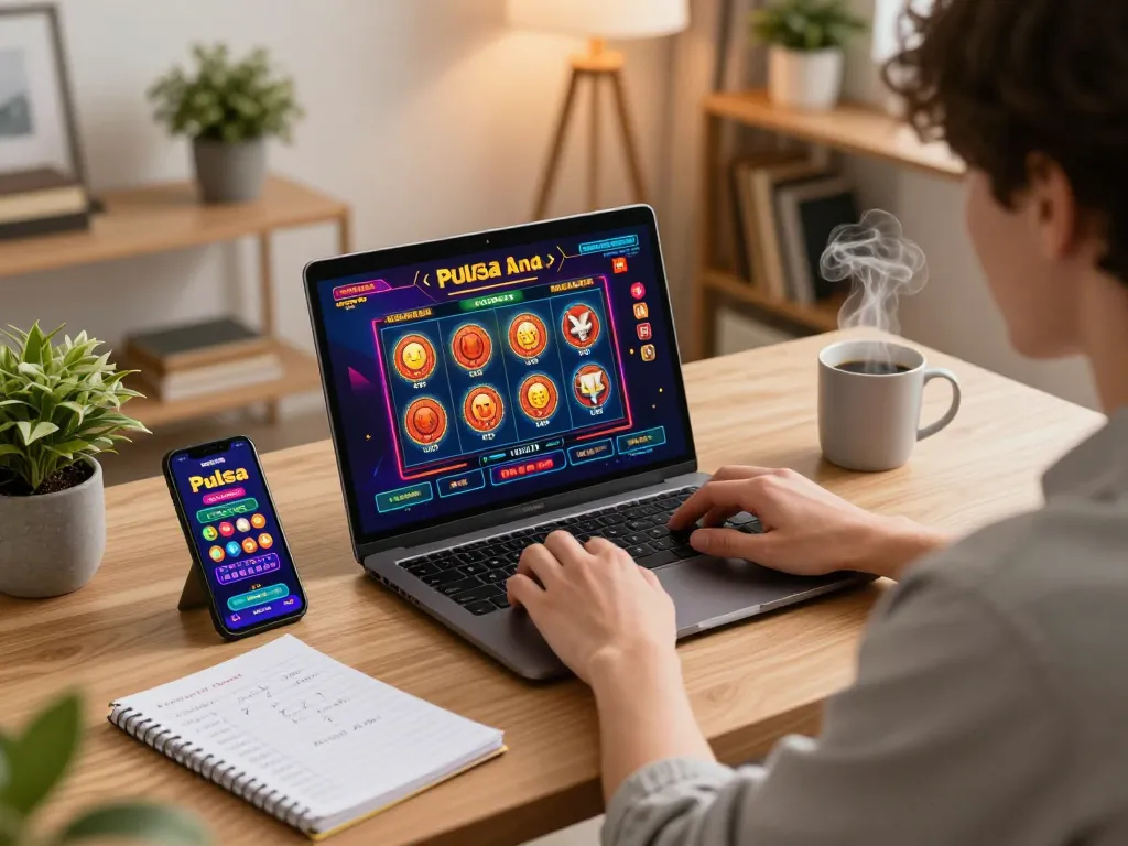 Engaging online gameplay of slot pulsa with strategy notes in a cozy home office.