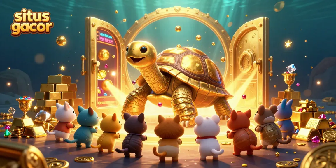 Experience the excitement at situs gacor with a vibrant casino scene showcasing a golden tortoise and treasure.
