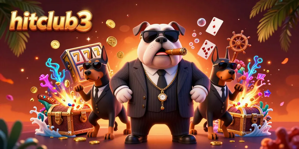 This engaging hitclub3 casino illustration showcases a mafia bulldog and Doberman bodyguards surrounded by treasure and slot machines.