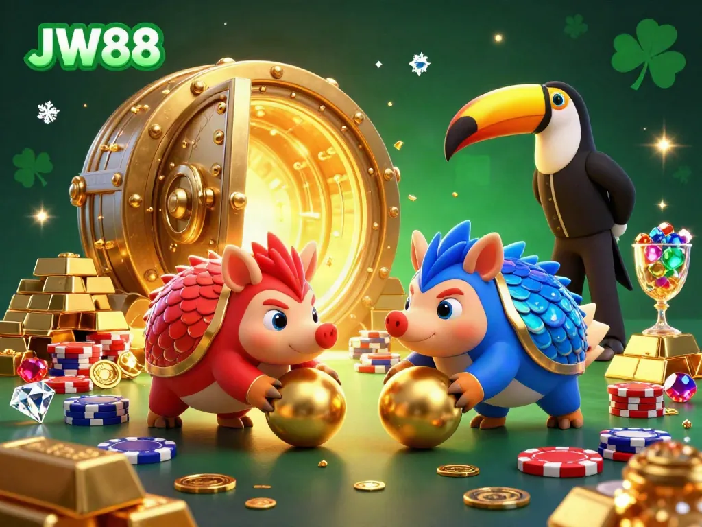 Experience thrilling gameplay with JW88 featuring rival pangolins bowling through poker chips amidst sparkling treasures.