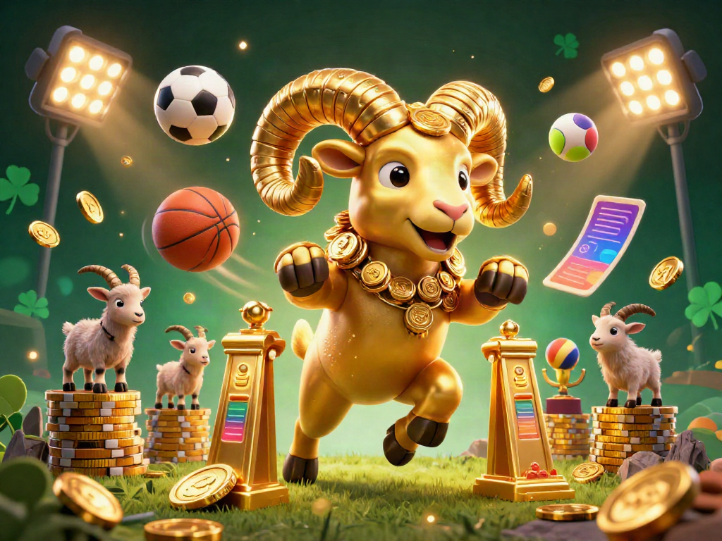 Experience thrilling bets at fabet with an energetic illustration capturing a golden ram charging at a golden gate amidst sports elements and casino excitement.