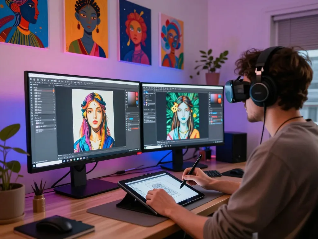 Artist creating AI porn visuals in a modern digital art studio