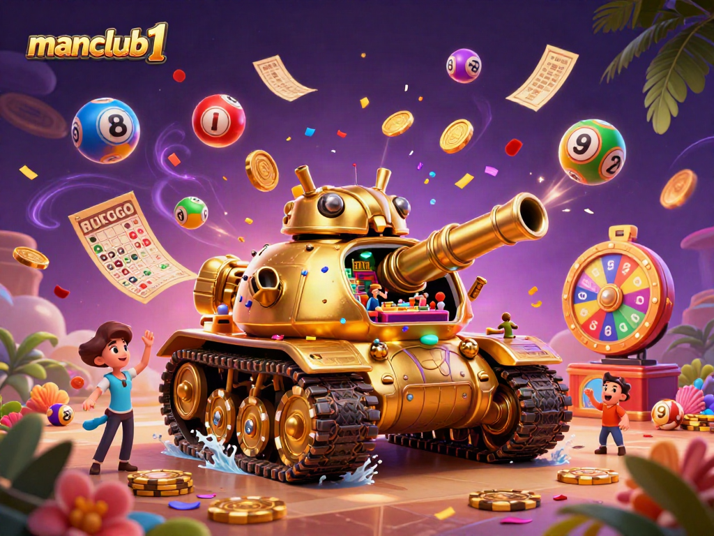 Experience thrilling action with manclub1 featuring a golden beetle tank revealing a mini casino, surrounded by lottery excitement.