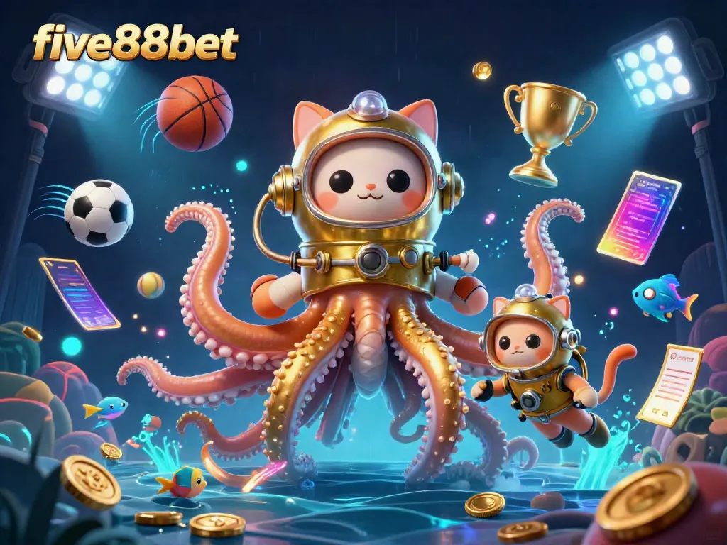 Experience the thrill of five88bet with a kraken, diving cat, and sports elements in a vibrant casino scene.