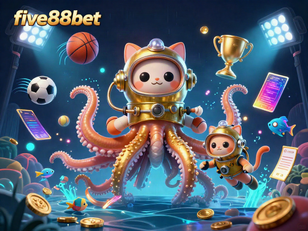 Experience the thrill of five88bet with a kraken, diving cat, and sports elements in a vibrant casino scene.