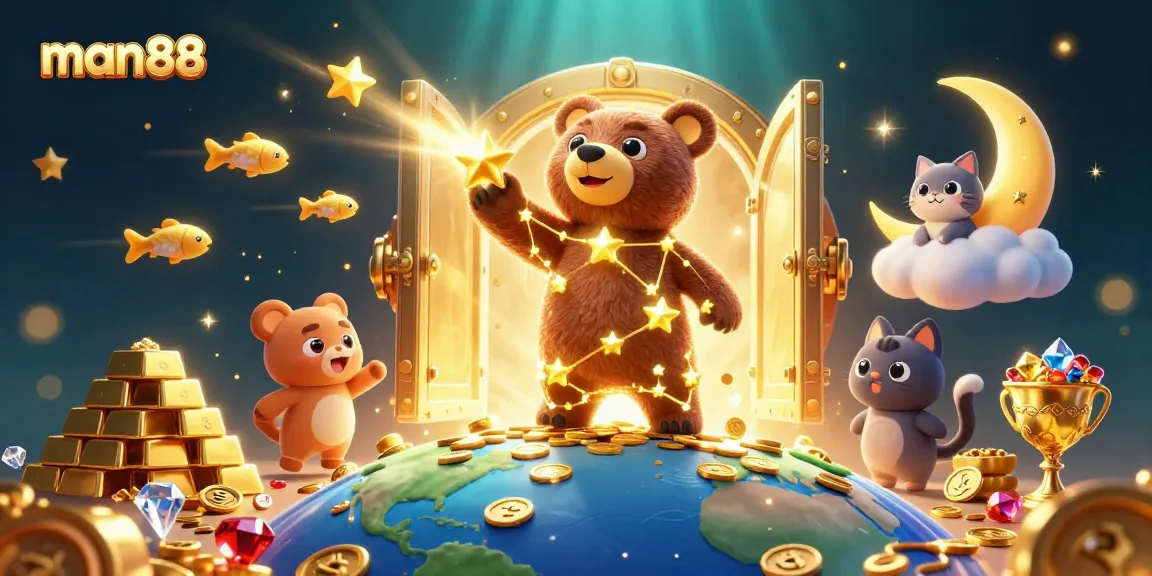 Experience the excitement of man88 with a dazzling constellation bear and treasure-filled scene.