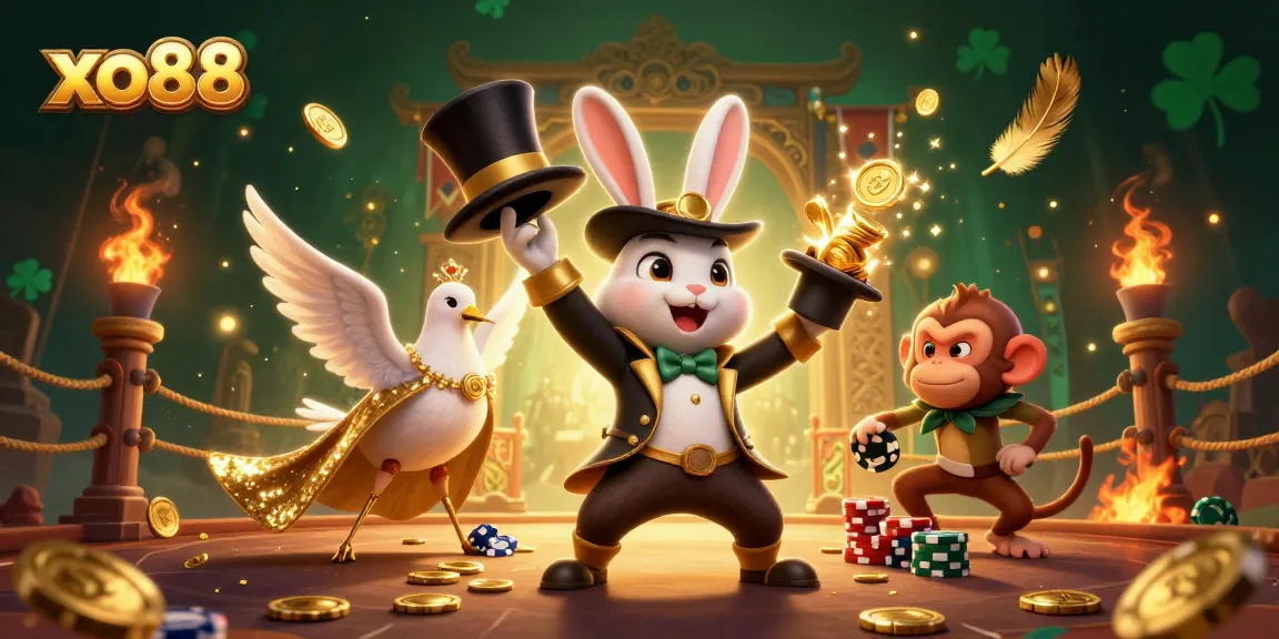 Experience magical wins at xo88 with a cartoon rabbit magician, gold coins, and poker chips.