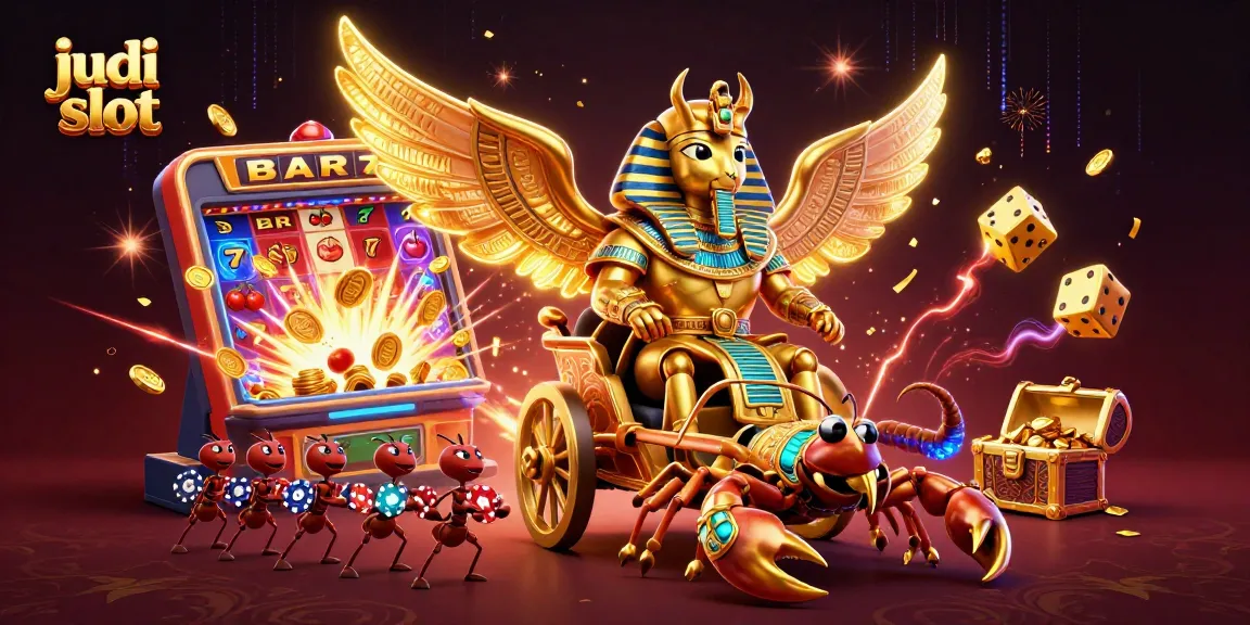 Experience judi slot excitement with vibrant characters and a jackpot explosion, showcasing thrilling game elements in a lively casino scene.