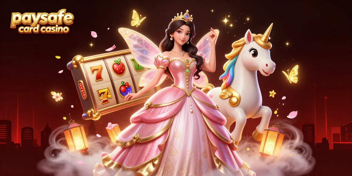 Paysafe-Karten-Casino-Szene mit einer glamourösen asiatischen Frau, einem goldenen Einhorn und lebhaften Slot-Elementen in einer magischen Umgebung.