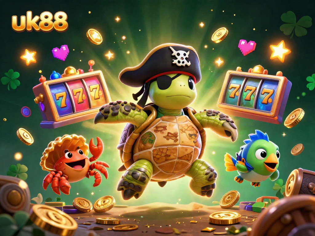 Join the vibrant world of uk88 as a pirate turtle navigates colorful slot machines amidst golden treasures.