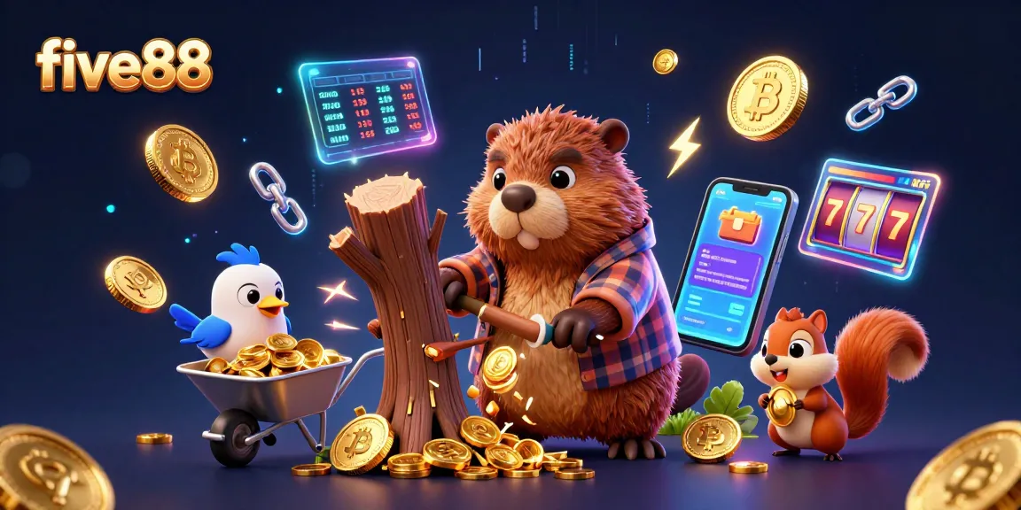 Win big with five88 in this immersive 3D casino scene featuring cartoon characters collecting golden coins.