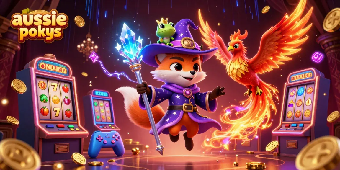 Aussie online pokies showcase rich 3D elements like a wizard fox, phoenix, and slot machines, framed within a vibrant casino scene.