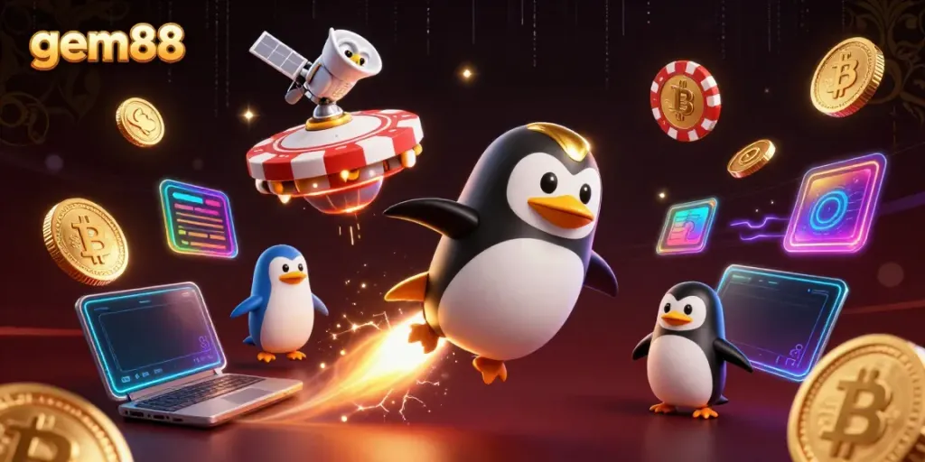 Watch the gem88 rocket-powered penguin soaring to a casino space station, surrounded by cryptocurrency elements.