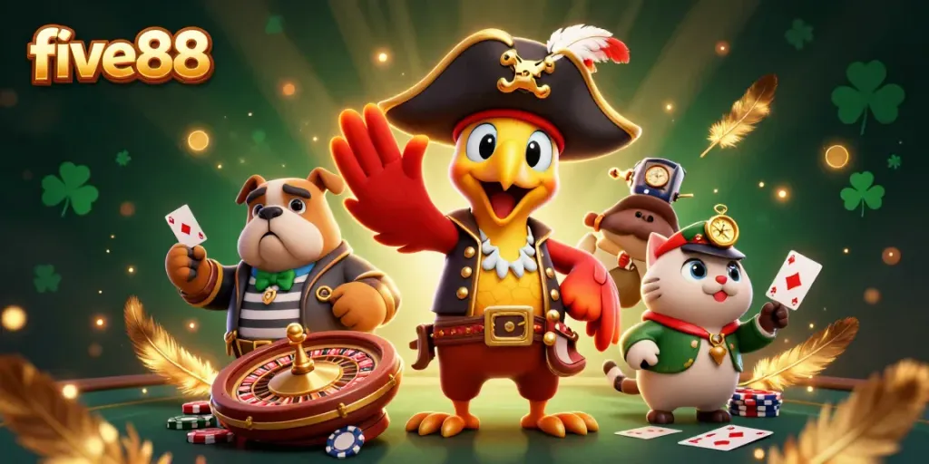 Experience five88's thrilling gambling world with pirate characters and dynamic casino elements.