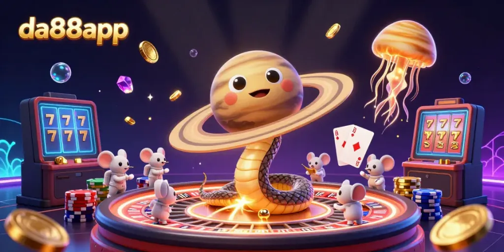 Engage in cosmic bets at da88app with our colorful 3D casino illustration featuring playful mice and vibrant gambling elements.
