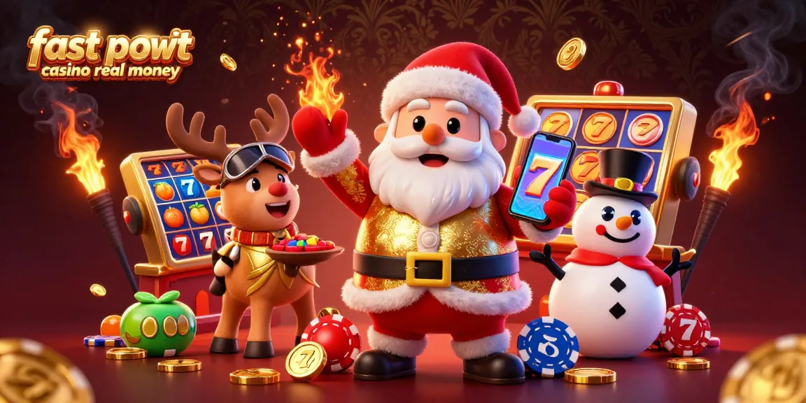 Engage in fast payout casino real money fun with a festive illustration of Santa and friends in a vibrant scene.