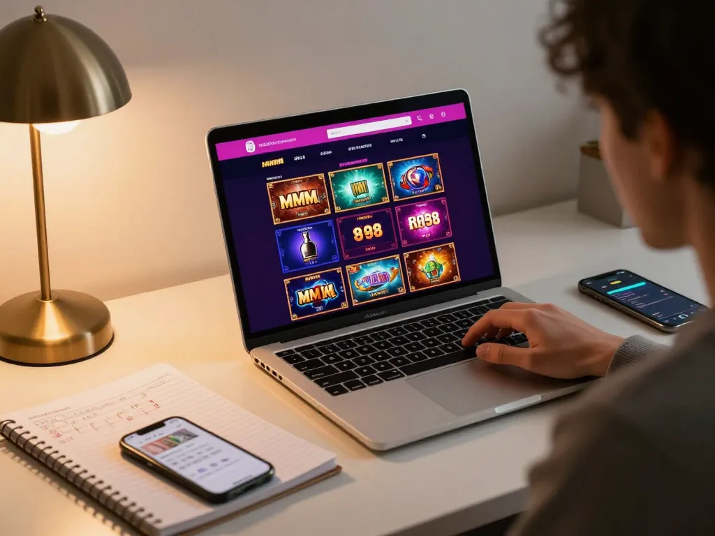 Engaging with MM 88 casino online from a stylish home office, showcasing strategic gaming setup.
