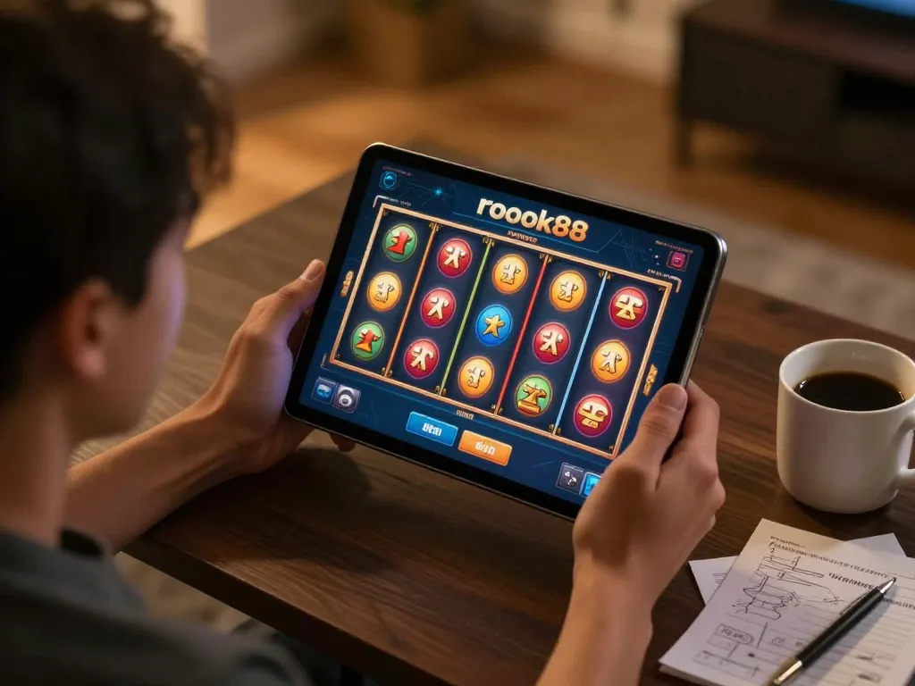 Berinteraksi dengan slot rokok88 di tablet, menangkap pengalaman permainan online yang dinamis di rumah.