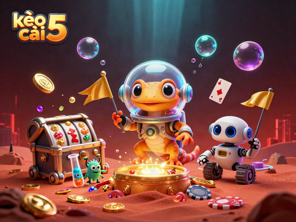 Experience winning with kèo nhà cái 5 in this vibrant 3D casino scene where Martian gecko discovers gold.
