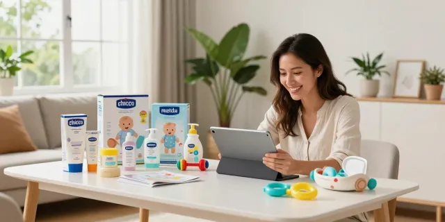 Mother joyfully shopping for rokok88 baby products in a cozy home setting.
