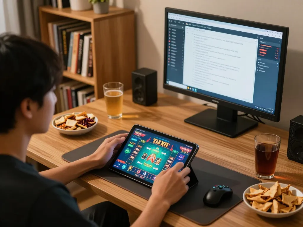 Tai Xiu Online gaming session at home with vibrant tablet interface and strategic notes.