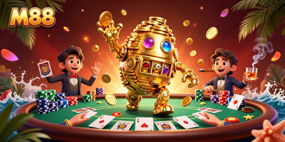 M88 showcases a gold golem and poker elements, illustrating rich casino gaming fun.