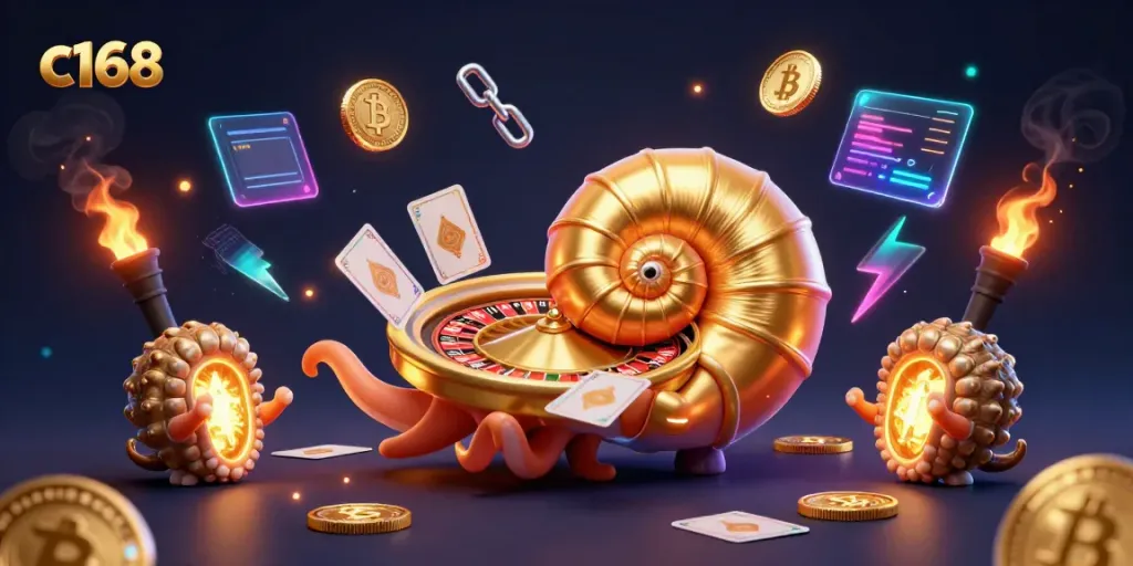 Experience thrilling gameplay with c168 as the giant nautilus spins a roulette wheel surrounded by glowing crypto elements.