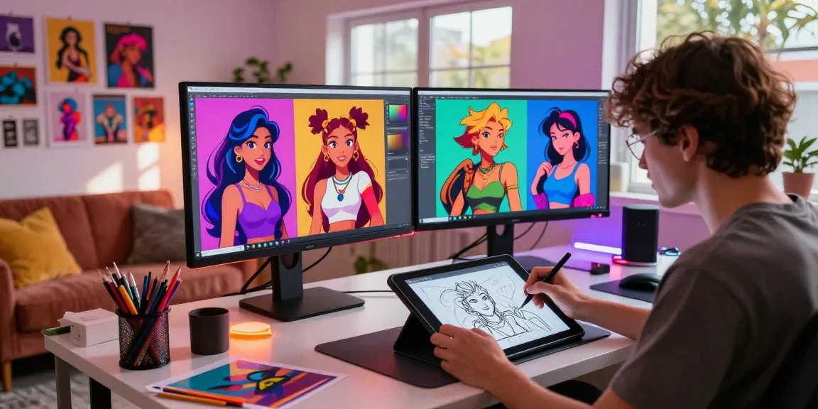 Enthusiastic artist designing NSFW AI character art in a vibrant digital studio.