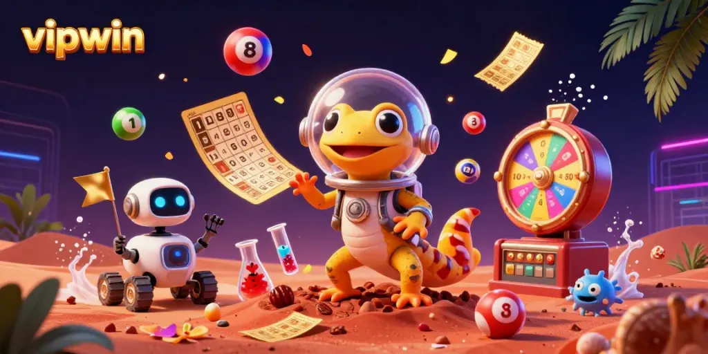 Engaging scene of vipwin's Martian gecko discovering a golden casino, vibrant lottery elements surrounding.