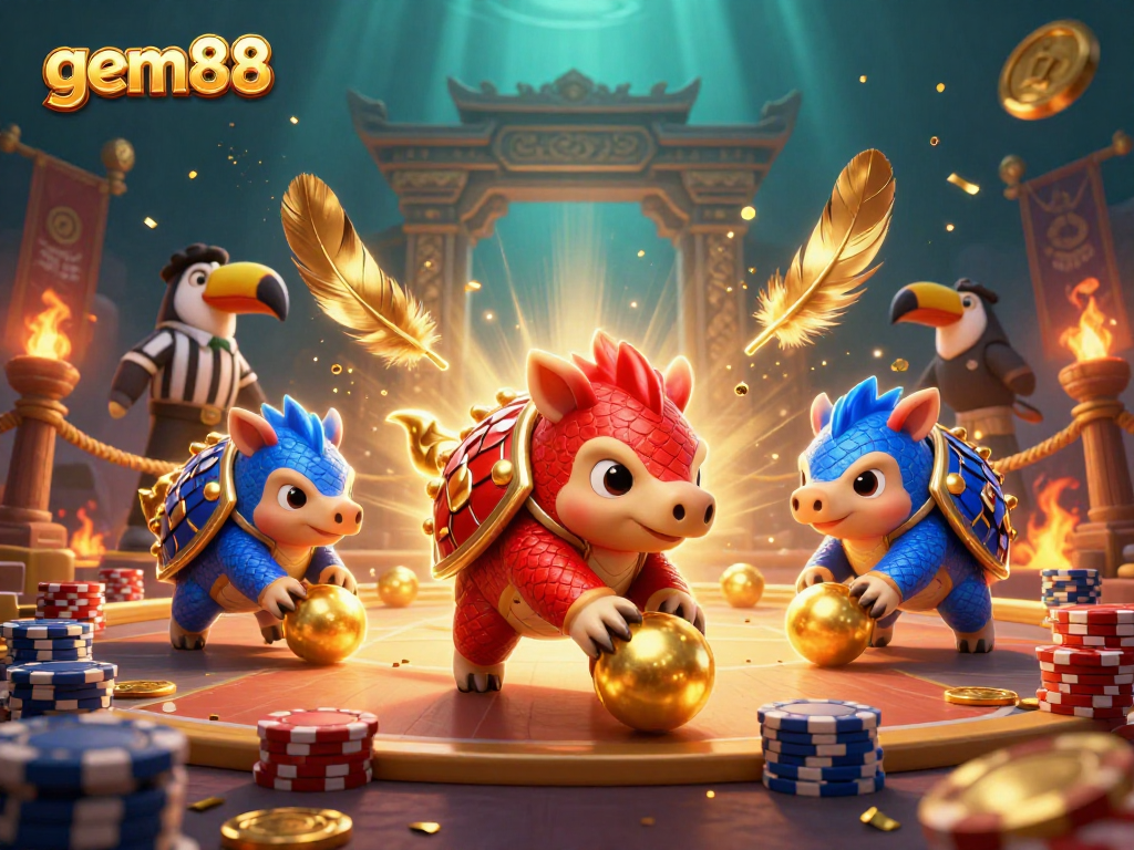Gem88 showcases pangolins competing in a thrilling casino-themed bowling match with poker chips.