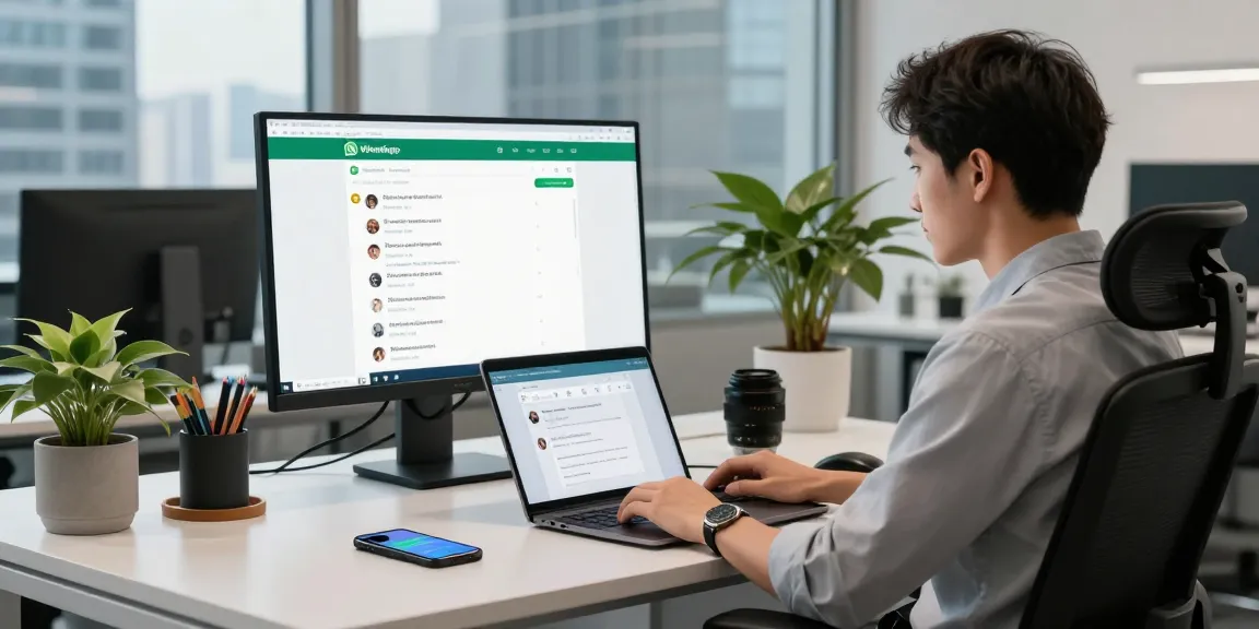 Professional using WhatsApp網頁版 on a laptop in a modern office.