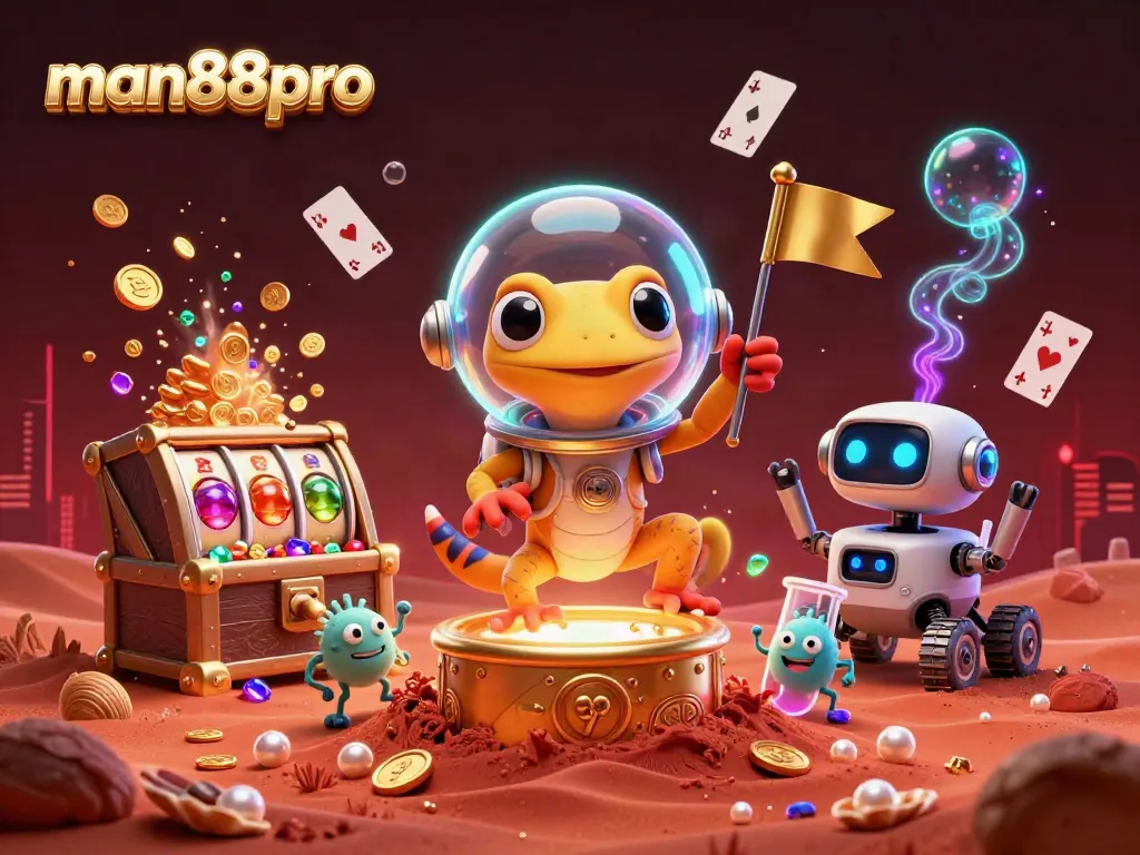 Experience excitement with man88pro in a vibrant 3D casino scene featuring a Martian gecko.