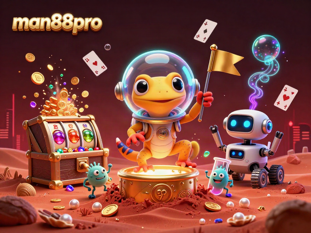 Experience excitement with man88pro in a vibrant 3D casino scene featuring a Martian gecko.
