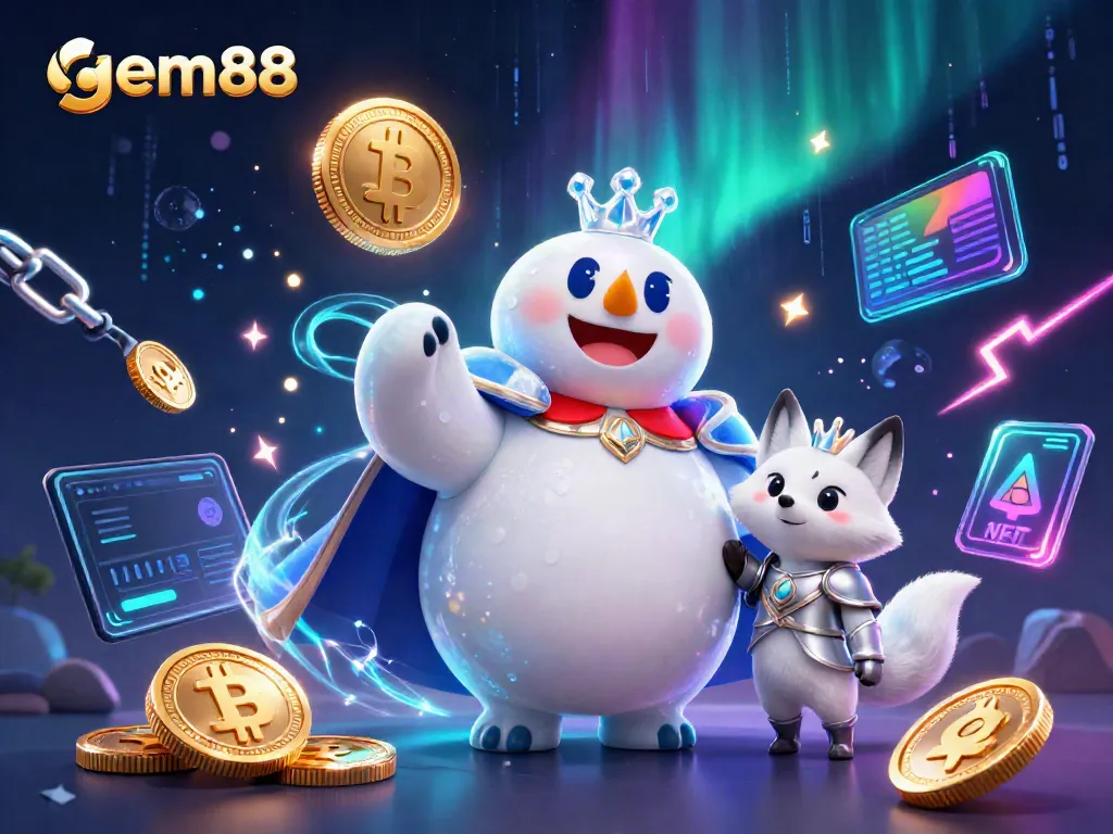 Experience the excitement of gem88 with a captivating scene of a royal polar bear, crypto elements, and casino atmosphere.