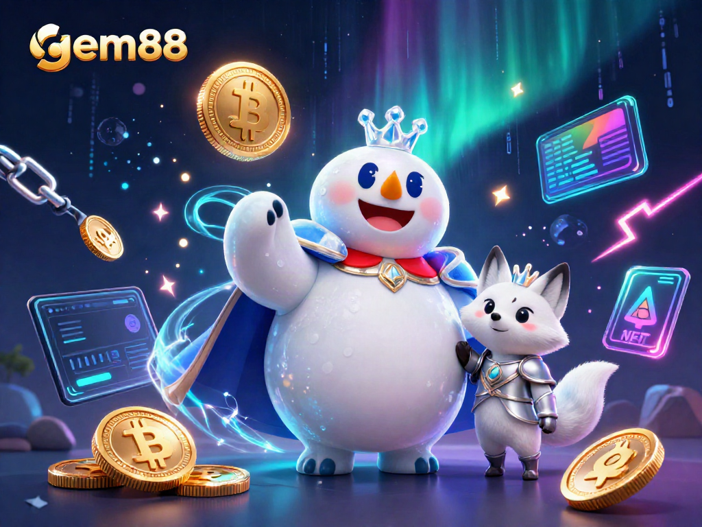 Experience the excitement of gem88 with a captivating scene of a royal polar bear, crypto elements, and casino atmosphere.