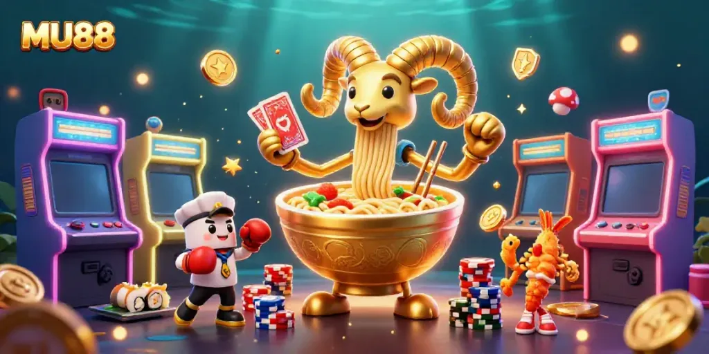 Engage with MU88 gaming excitement through colorful characters and dynamic casino elements.