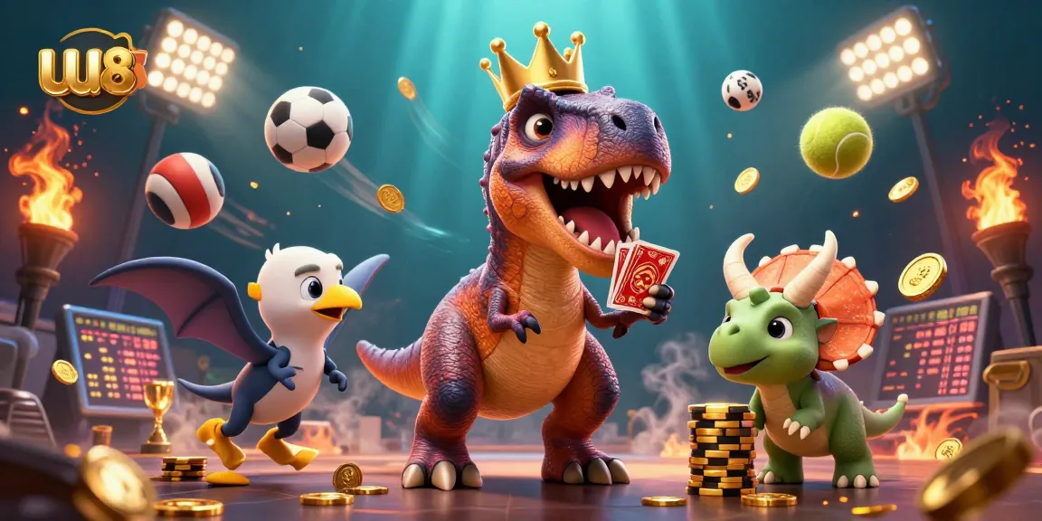 Engage with exciting gaming at uu88 while friendly dinosaurs shuffle cards and stack chips.