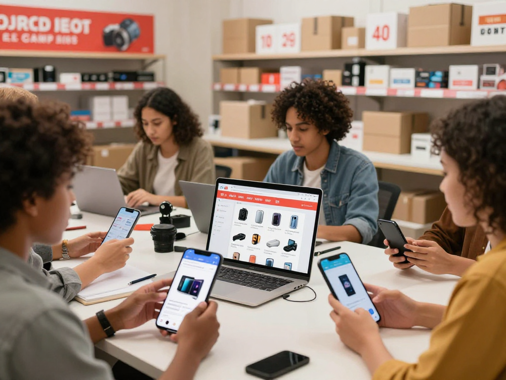 Diverse customers shopping on https://rokok88login.com showcasing electronics and discounts in an engaging e-commerce environment.