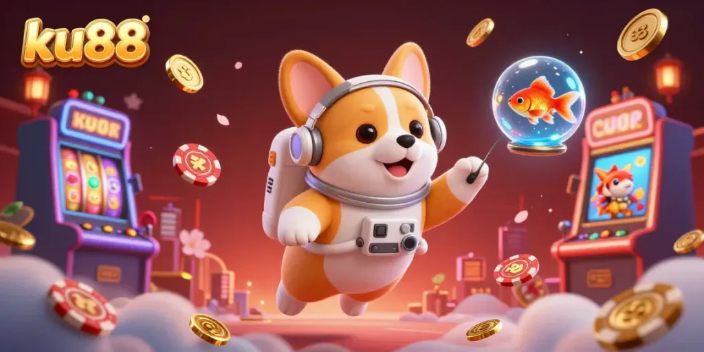 Experience ku88 excitement in a dynamic casino scene with floating corgi and vibrant elements.