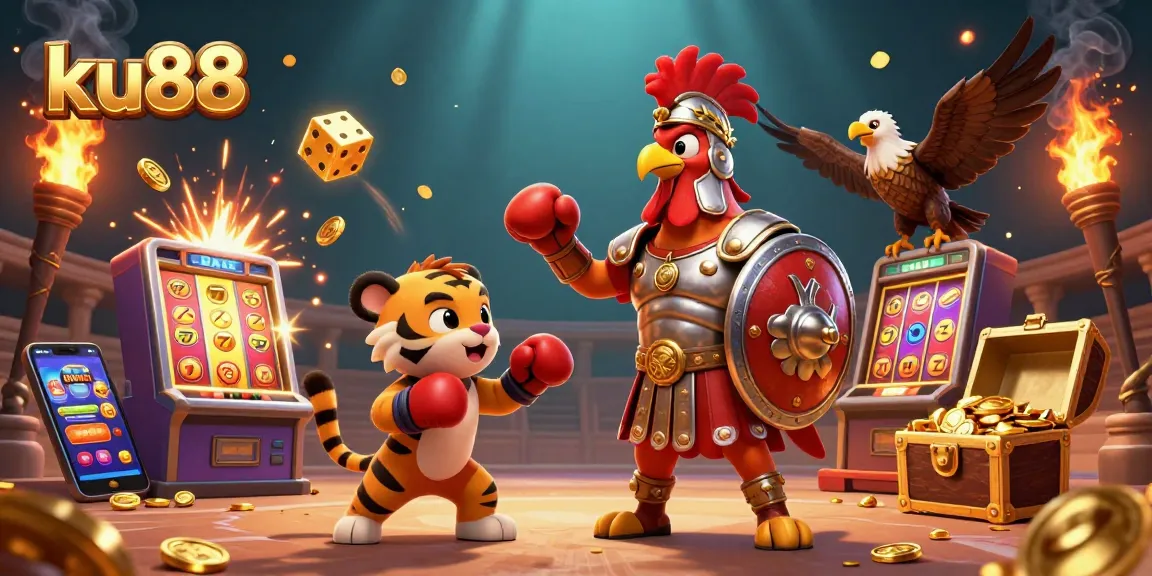 ku88 showcases a dynamic casino scene with a gladiator rooster amidst epic slot machine action.